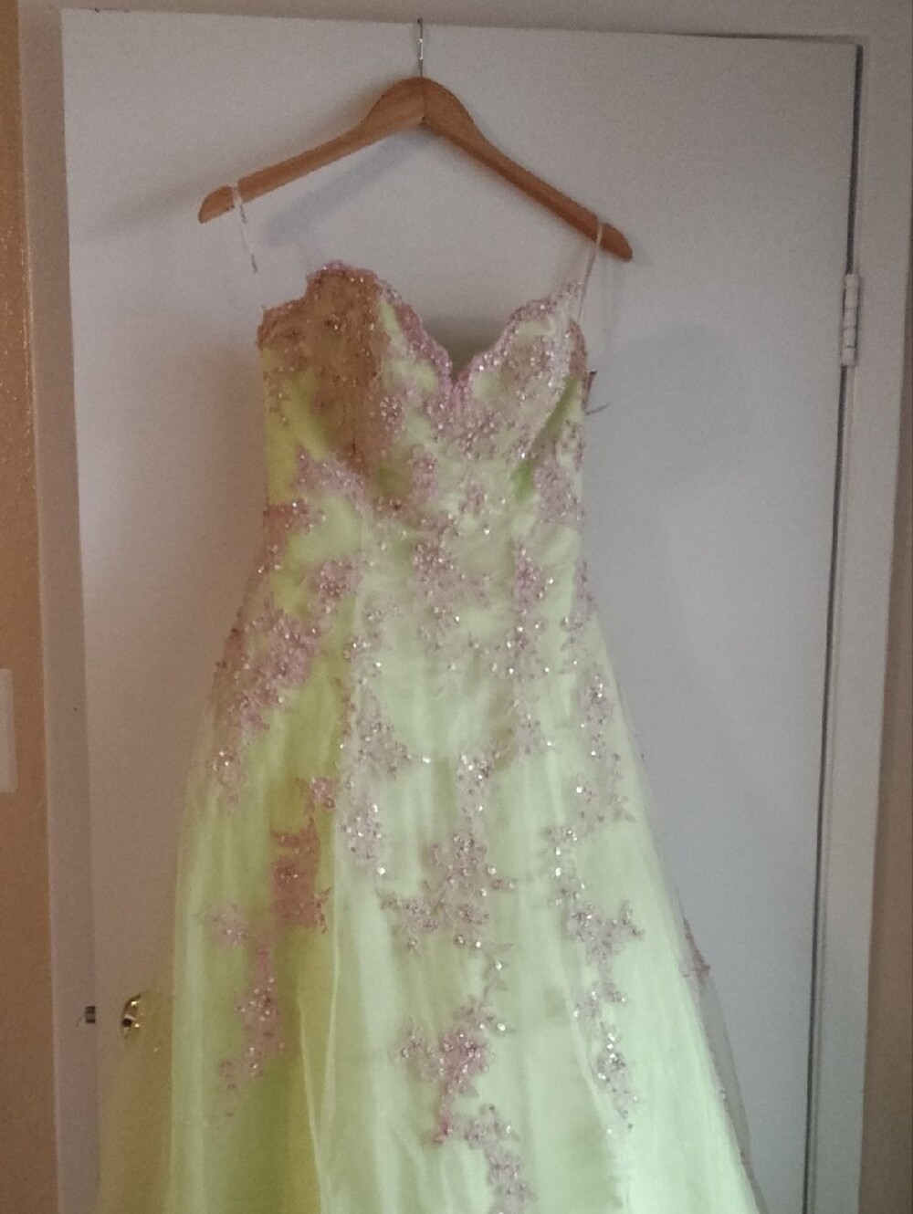 Strapless Yellow Ball Gown with Pink Embellishment - Picture 4 of 7